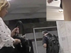 Astounding blonde babe presents sweet upskirt view