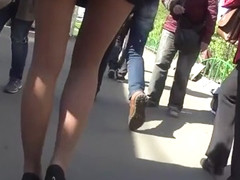 Candid woman in pantyhose train and walking