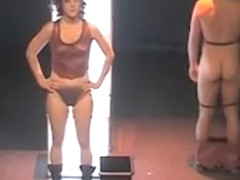 Brunette actress takes off multiple panties during a show