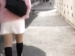 Girly Asian teen in pink Street sharked and pantyless.