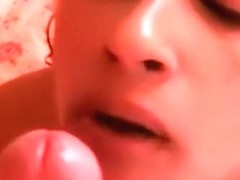 Hot brunette sucks cock and swallows cum pov on a nice beat