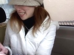 Giggly juvenile Oriental picked up on street and strokes jock in the car