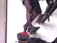 Worship Mistress Ass And Feet In Sexy Black Fishnets On The Ladder