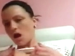 Sexy brunette babe sucks a dildo for the