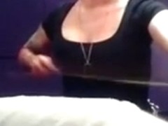 Tattooed hot brunette slut slaps the tip of the dick
