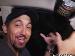 Blonde college hitchhiker bangs outdoor