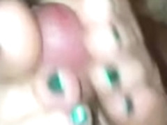 Gf gives hot barefoot footjob with green polished toenails