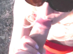Petite skinny girl making public blowjob on the beach (BlowJoy)