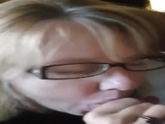 Blondie in glasses licks cock at home and shows pa...