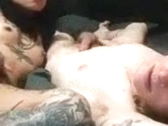 Tattooed Japanese babe and her white lover on webcam