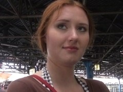 Redhead amateur with big tits flashes her boobs and squirts in a public place