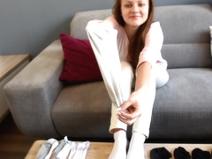 Cute Ginger Flaunting Her Feet In Her White Socks On The Sofa (czech S