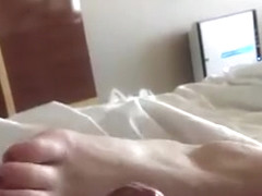 Gf gives hot barefoot footjob with red polished toenails