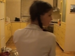 Student with pigtails drilled in the arse in the kitchen