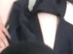 Shy asian girl in school uniform riding phallus