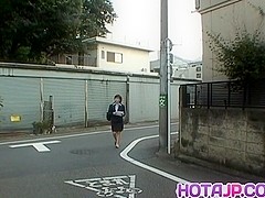 Yukino in uniform gives blowjob to mailman and gets cum on mouth