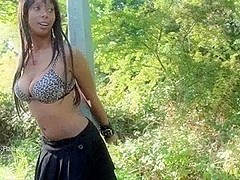 Ebony flasher Candy Canes outdoor masturbation and public nudity of black teen toying in dildo ple.