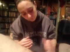 Skinny brunette girl lubes her bf's cock and gives him a pov handjob