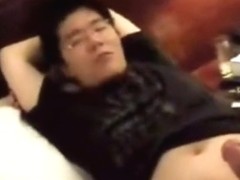 Asian girl with hairy pussy takes a shower and gives her nerdy bf a blowjob on the bed in a hotelr.