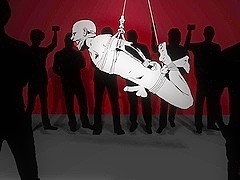 Bound in Public. Muscled DJ tied to the toilet and ass fucked in front of a horny crowd