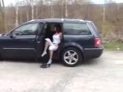 Slutty german redhead sucks in a car and at home