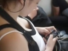 Cleavage in White Top & Black Bra Top on Train...