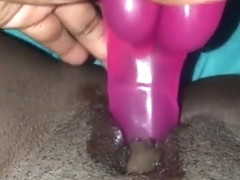 Quick morning cum with pink ebony pussy and dildo