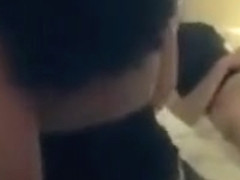 Horny brunette sucks cock while second dude fucks her