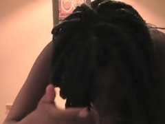 Ebony blows his white dick, hops on for a bit and then sucks him dry