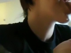 Girl sucks cock, gets a massive cumshot in her mouth and starts to giggle.