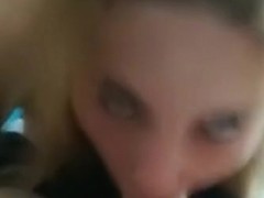 Blonde girl gives a handfree deepthroat blowjob and swallows