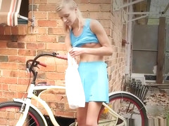 Skinny amateur blondie with two sex toys