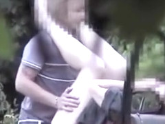 Horny hubby fucks his wife in the car in the nature voyeur sex