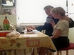 Russian mature couple has breakfast sex