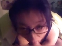 Four eyed Asian hoochie knows how to give a good blowjob