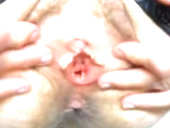 looking at wife's tits and wide open hairy cunthole